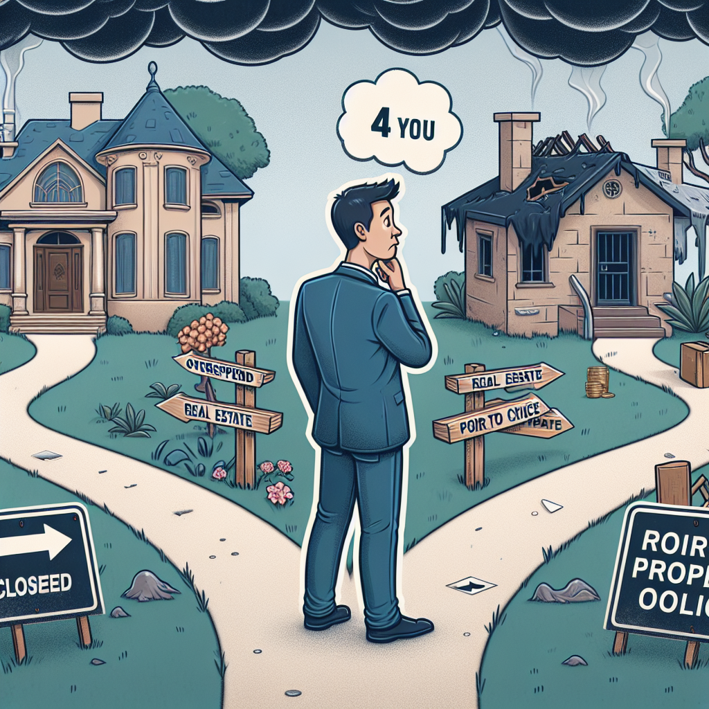 Un jeune adulte perplexe regarde quatre chemins différents représentant des décisions financières dans l'immobilier. Un chemin mène à une grande demeure, symbolisant un investissement immobilier excessif. Un autre termine en une maison délabrée, indiquant un mauvais choix de propriété. Le troisième chemin a un panneau "fermé" à mi-chemin, représentant des transactions immobilières échouées. Le dernier chemin est obscurci par un brouillard, prédisant des conditions de marché incertaines. Ces images évoquent d'éventuelles erreurs dans l'investissement immobilier.