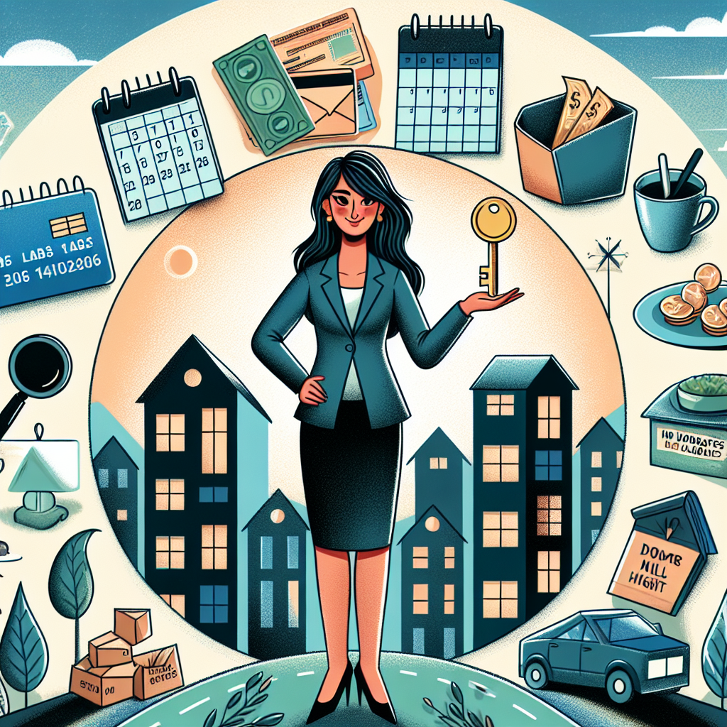Illustration pour un article de blog sur la liberté financière, montrant une femme comptable d'origine sud-asiatique, confiante, debout sur une colline composée de propriétés immobilières résidentielles. Elle tient dans sa main une clé dorée, symbole de la propriété immobilière. Autour d'elle, sept représentations symboliques de sacrifices incluent une carte de crédit coupée, un portefeuille vide, une lampe allumée tard dans la nuit, un calendrier marqué "sans vacances", une assiette avec une petite portion de nourriture, une vieille voiture et des chaussures usées.