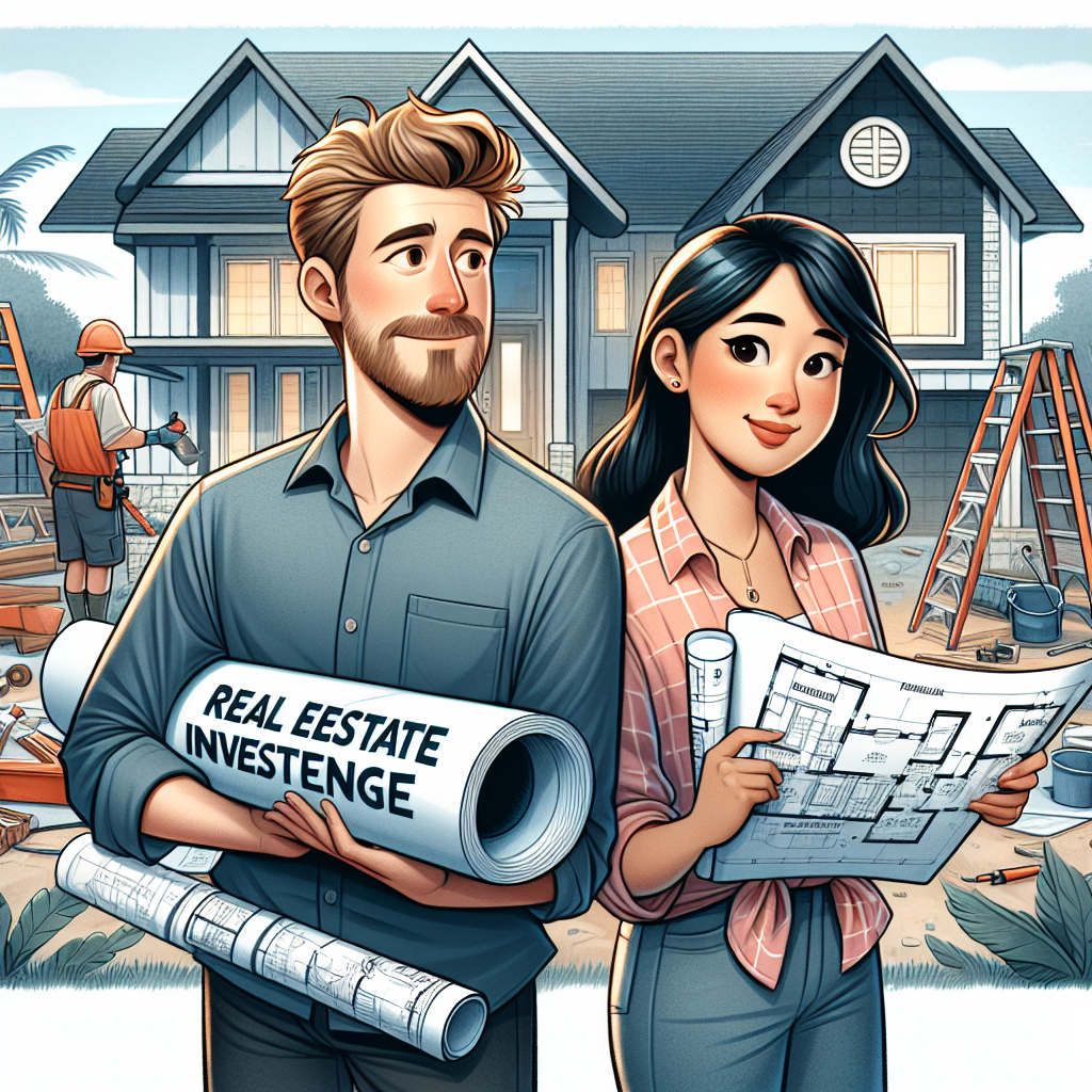 Seb et Priscilla, un homme d'âge moyen caucasien et une jeune femme sud-asiatique, tiennent des plans devant une maison partiellement rénovée. Ils affichent un mélange d'excitation et d'appréhension sur leur visage, reflétant les défis de l'investissement immobilier. Autour d'eux, des travaux de rénovation sont en cours, soulignant leur projet commun. Un rouleau de papiers de construction portant clairement les mots 'Seb & Priscilla' est placé en évidence, symbolisant leur partenariat dans cette aventure immobilière.