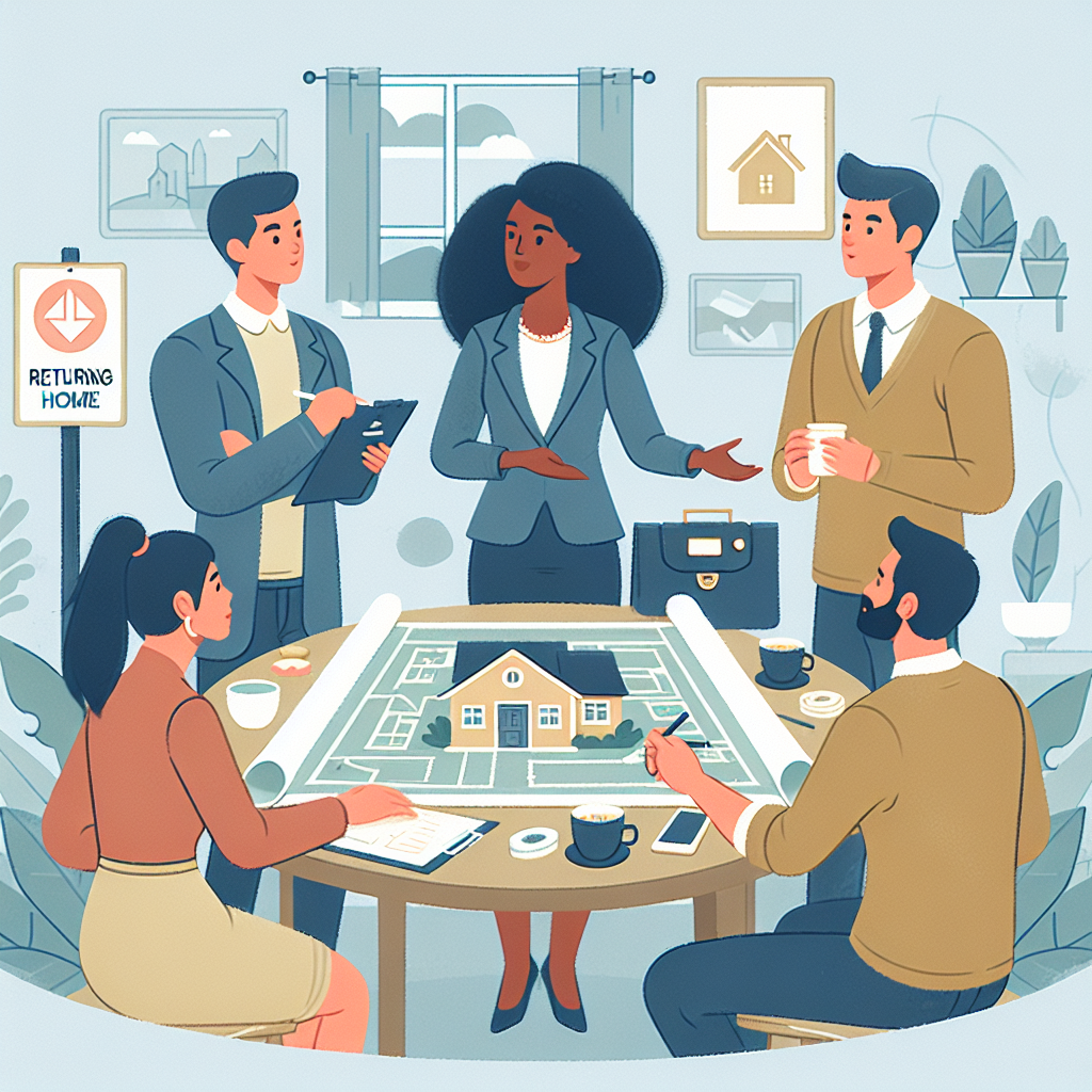 Groupe diversifié de personnes examinant attentivement le plan d'une maison posé sur une table, avec une femme agente immobilière afro-américaine en train d'expliquer les caractéristiques principales de la maison à un homme asiatique et une femme caucasienne, tous deux intéressés et écoutant attentivement. Un panneau discret dans le coin évoque le concept de 'retour à la maison'.