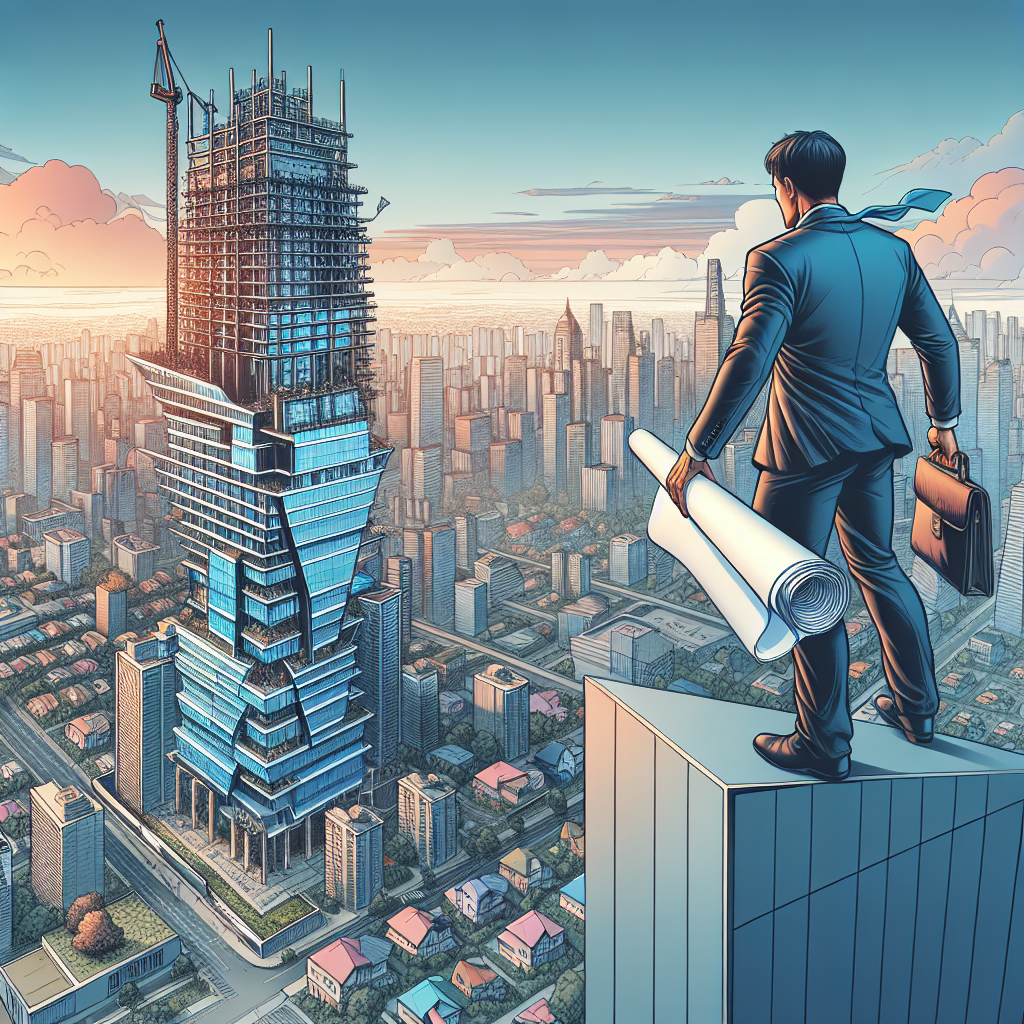 Jonas, un homme d'âge moyen d'origine asiatique, se tient au sommet d'un gratte-ciel, regardant attentivement l'horizon urbain parsemé de diverses maisons et immeubles. Dans sa main, il tient un plan architectural, symbolisant son engagement constant dans le secteur immobilier. Autour de lui, une échelle menant vers un autre gratte-ciel, encore plus élevé, illustre sa détermination à progresser et à relever des défis toujours plus grands dans son domaine.