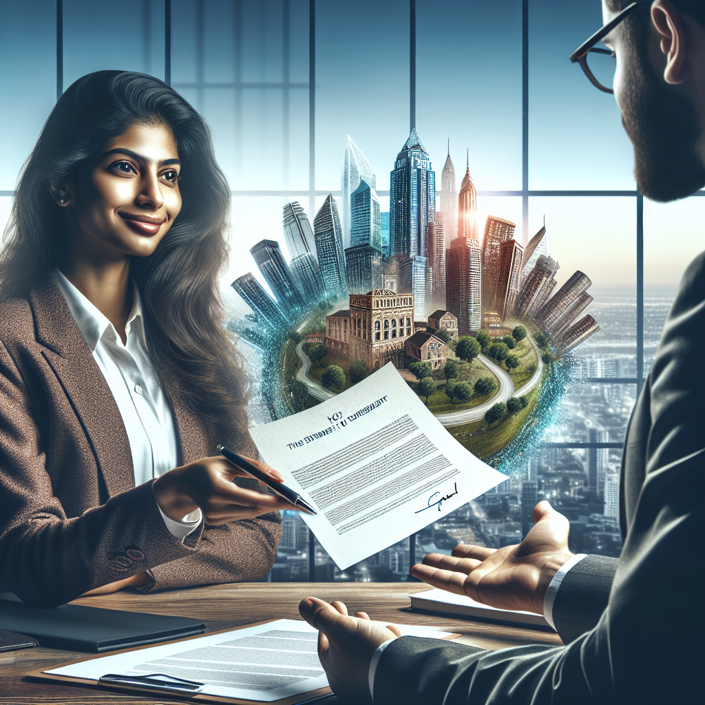 Une femme sud-asiatique dans un cadre de bureau diversifié remet un document intitulé 'Inaisissable' à un homme hispanique, avec en toile de fond une vue sur une ville parsemée de gratte-ciels, symbolisant le secteur immobilier, le tout dans une atmosphère professionnelle et juridique.