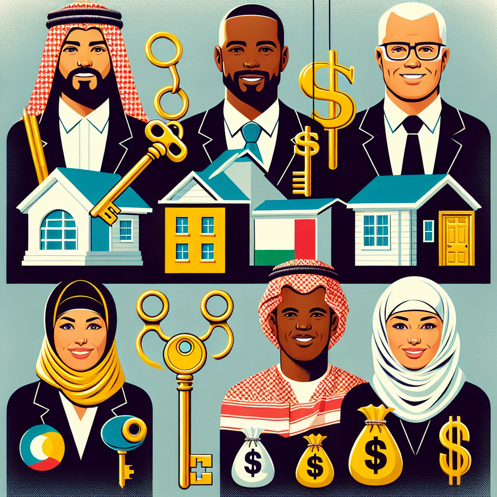 "Image symbolique du secteur immobilier promouvant la diversité et l'opportunité, mettant en scène cinq personnages aux origines variées (Moyen-Orientale, Hispanique, Noire, Sud-Asiatique et Caucasienne), chacun représentant une profession différente dans l'industrie. Des symboles tels que des sacs d'argent et des briques d'or illustrent le potentiel de gains élevés, malgré l'absence de qualifications académiques. Des clés, élément central, représentent l’accès au monde de l’immobilier."
