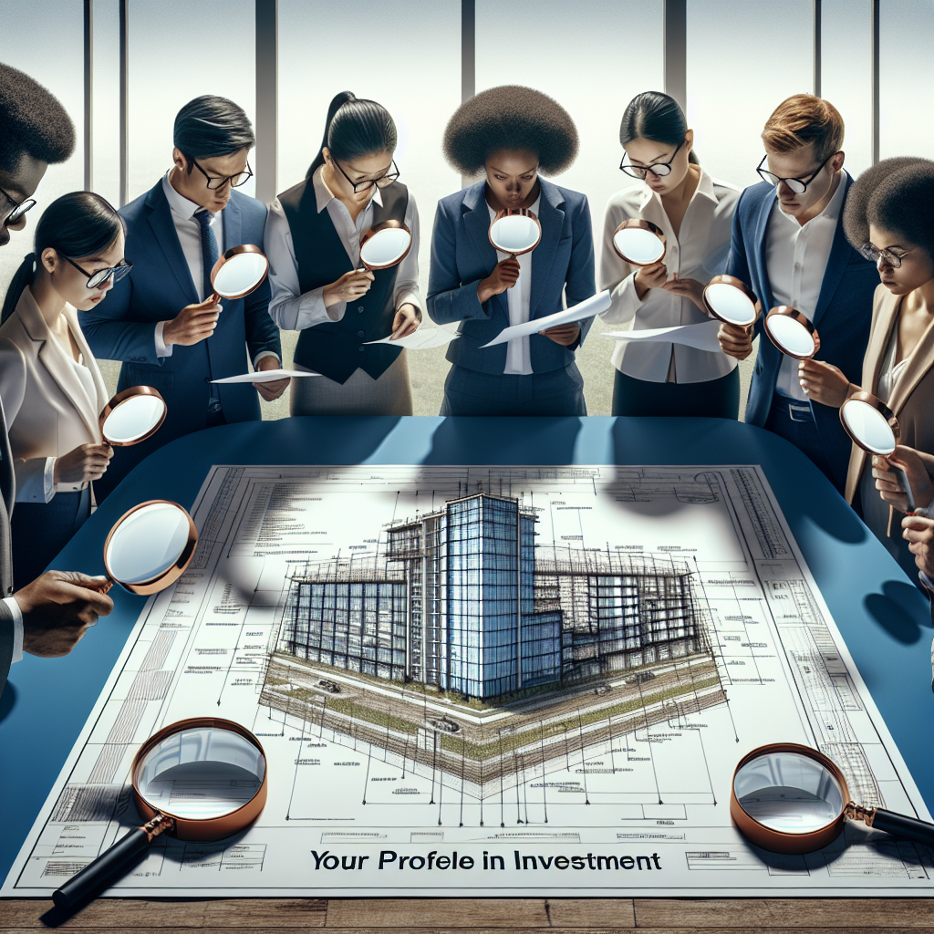 Groupe diversifié de personnes en tenue professionnelle inspectant à la loupe un plan architectural d'un bâtiment, soulignant le rôle clé de chaque profil dans l'investissement immobilier : ingénieure civile africaine focalisée sur la conception structurelle, analyste financier asiatique évaluant les coûts, consultante environnementale hispanique vérifiant les caractéristiques de durabilité et expert juridique caucasien examinant la réglementation, tous rassemblés autour d'un plan indiquant 'Votre Profil dans l'Investissement'.
