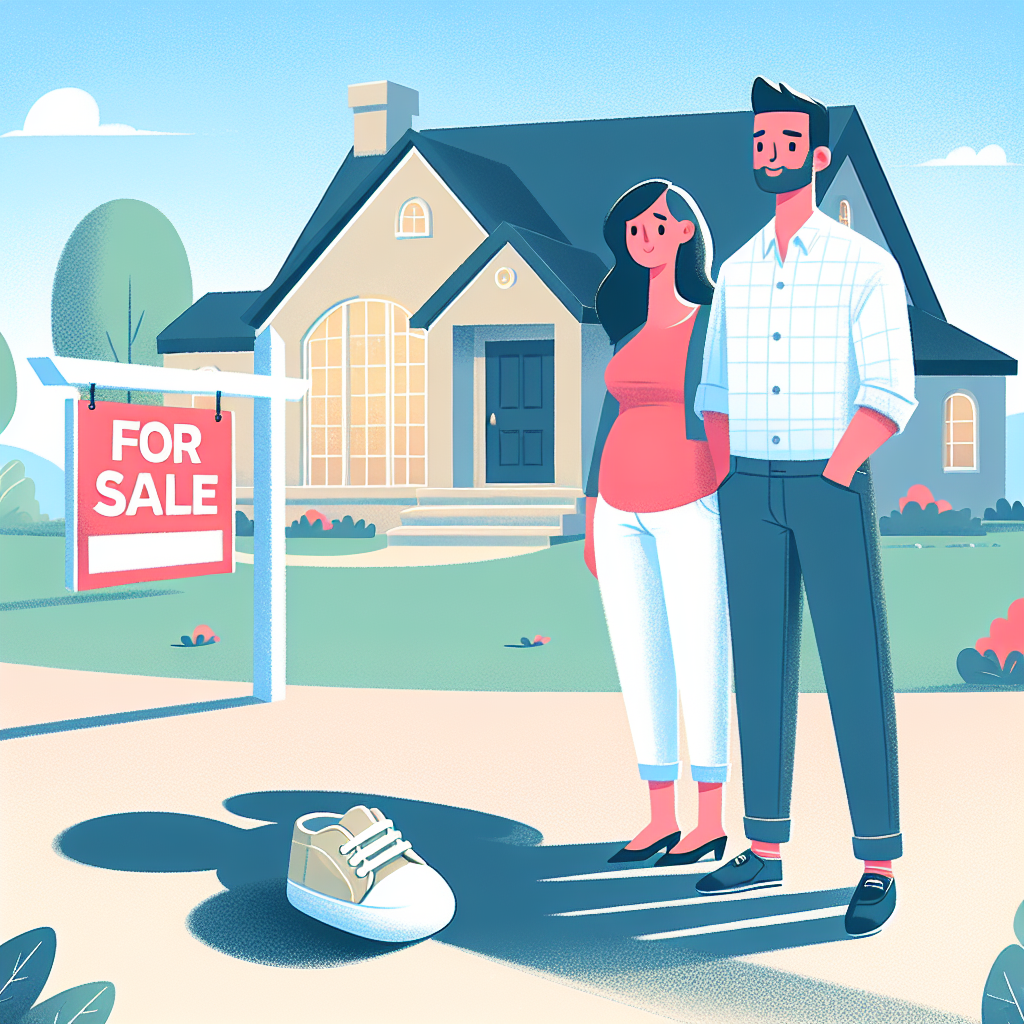 Un couple diversifié, composé d’un homme d’origine moyen-orientale et d’une femme d’origine hispanique, se tient devant une grande maison accueillante portant une pancarte "à vendre". Au sol se trouve une petite paire de chaussures de bébé, dont l’ombre longue se projette vers la maison, symbolisant la réflexion sur l'avenir avant d’avoir un enfant.