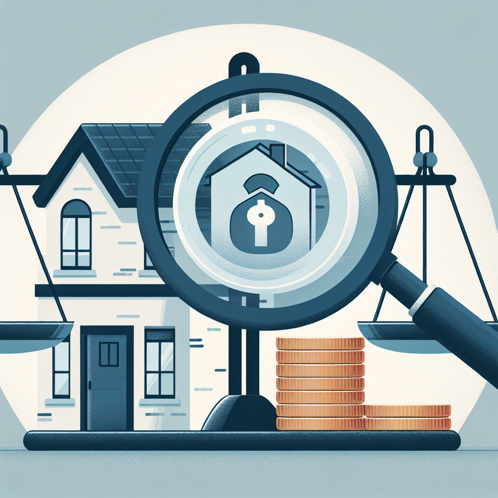 "Une illustration simple pour un article de blog sur l'immobilier avec une loupe survolant une maison résidentielle pour symboliser l'examen minutieux et un tas de pièces de monnaie en arrière-plan, représentant les implications financières. Une balance avec une maison d'un côté et des pièces de l'autre illustre l'équilibre entre la valeur de la maison et la dette financière, dans un style épuré adapté à un blog en ligne."