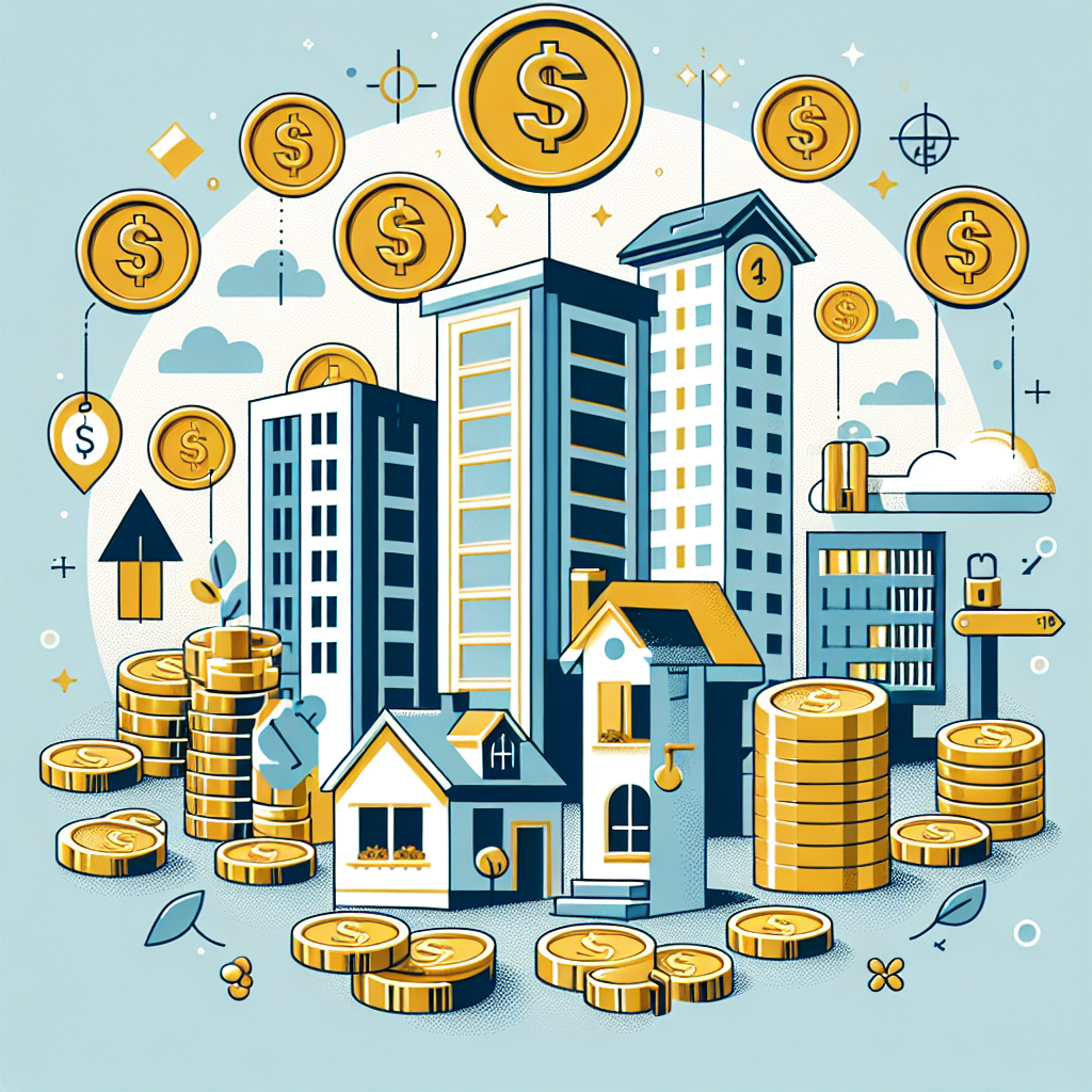 Une image décrivant un paysage urbain avec des gratte-ciels et une maison, tous réalisés en pièces d'or et billets de banque. Au premier plan, un gros plan sur une pièce d’or avec une minuscule '14' gravée dessus, située discrètement sur le côté de la pièce, tandis que des billets de banque semblent s'envoler doucement dans le ciel. L'ensemble suggère une intersection dynamique entre le secteur immobilier et la richesse, sans utiliser de texte pour communiquer directement le sujet.