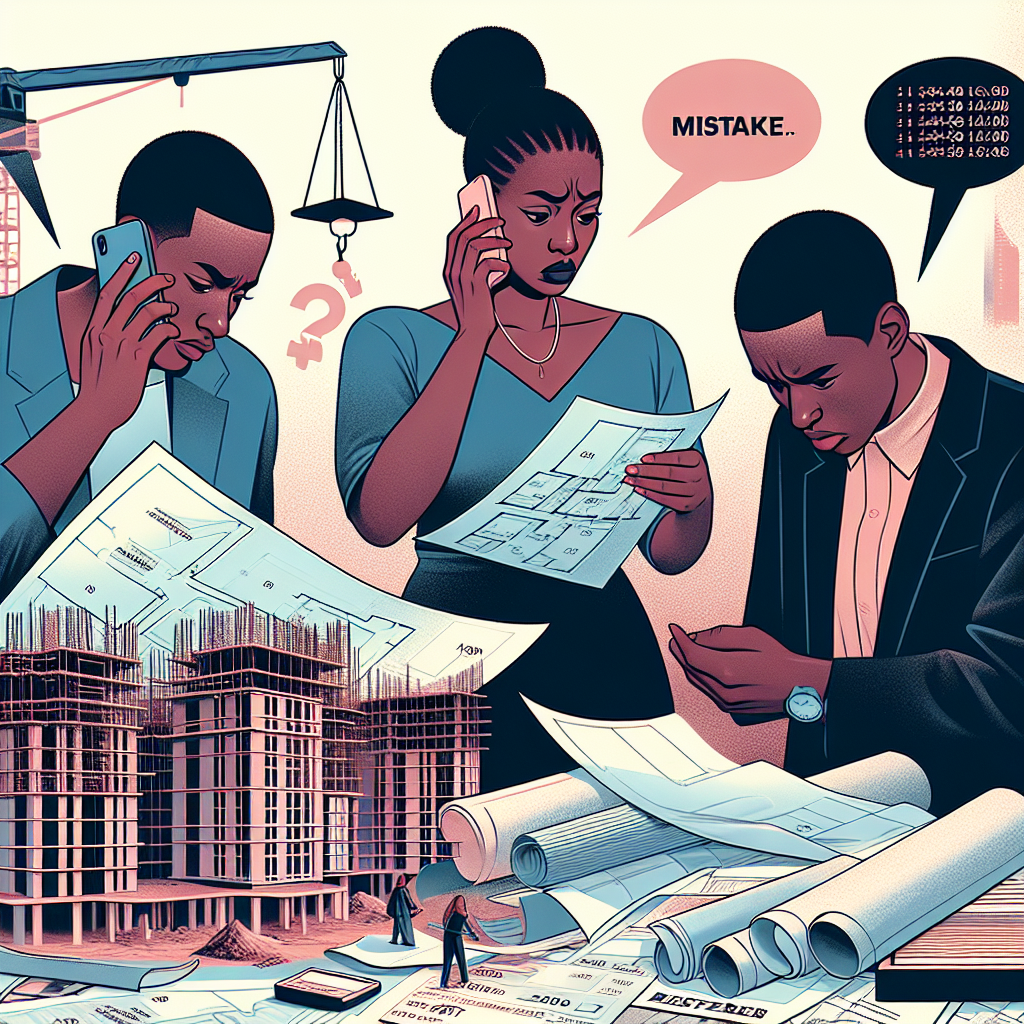 Trois personnes afro-caribéennes de genres et âges variés engagées dans divers aspects de l'immobilier, illustrant le revers de la médaille. La première, plongée dans la contemplation de plans de construction, arbore une expression préoccupée. La deuxième, manifestement frustrée, discute de la valeur d'une propriété au téléphone. La troisième, submergée, parcourt une multitude de documents. En arrière-plan, des éléments discrets évoquent le thème de l'immobilier, soulignant symboliquement les défis sans recourir à un texte explicite.
