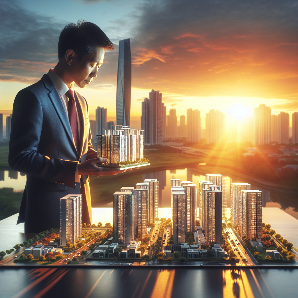 Image d'un individu d'ascendance asiatique, concentré et serein, examinant une maquette de bâtiment résidentiel. Derrière lui, un paysage urbain vibrant au lever du soleil symbolisant les opportunités florissantes dans le business immobilier, incarnant le credo 'Votre état d'esprit est crucial pour votre succès !'.