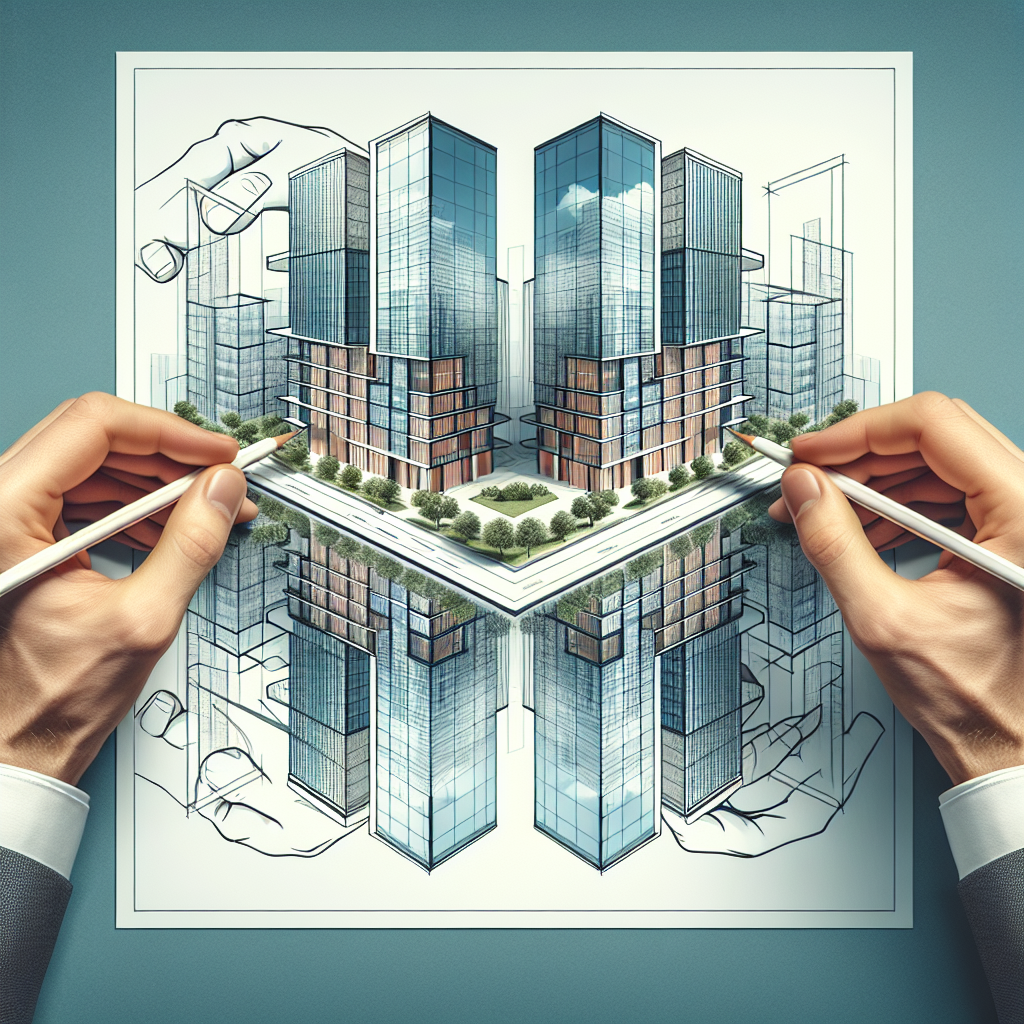 Alt Text: "Image de deux bâtiments identiques à l'architecture moderne et avant-gardiste, représentant la duplication dans le secteur immobilier. Les bâtiments, côte à côte, sont des chefs-d'œuvre architecturaux avec des façades en verre et des formes innovantes. Au premier plan, une paire de mains est visible : l'une tient les plans architecturaux de ces bâtiments, tandis que l'autre dessine le même plan, illustrant le concept de duplication. Cette scène symbolise la précision et la réplication dans la conception immobilière."