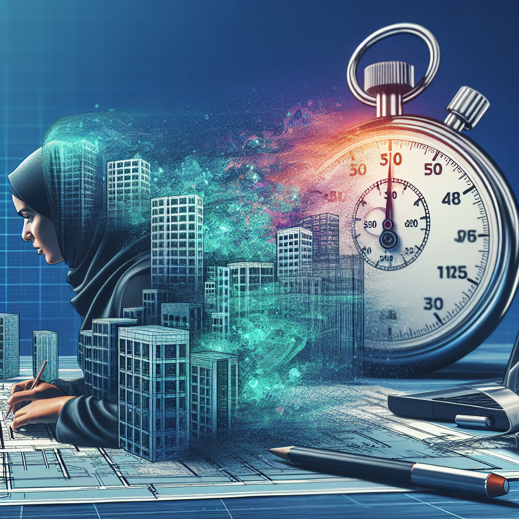 Une femme d'origine moyen-orientale concentrée travaillant sur un plan de bâtiment à un bureau, avec un énorme chronomètre coloré en arrière-plan évoquant l'urgence de surmonter la procrastination pour atteindre ses objectifs dans l'immobilier.