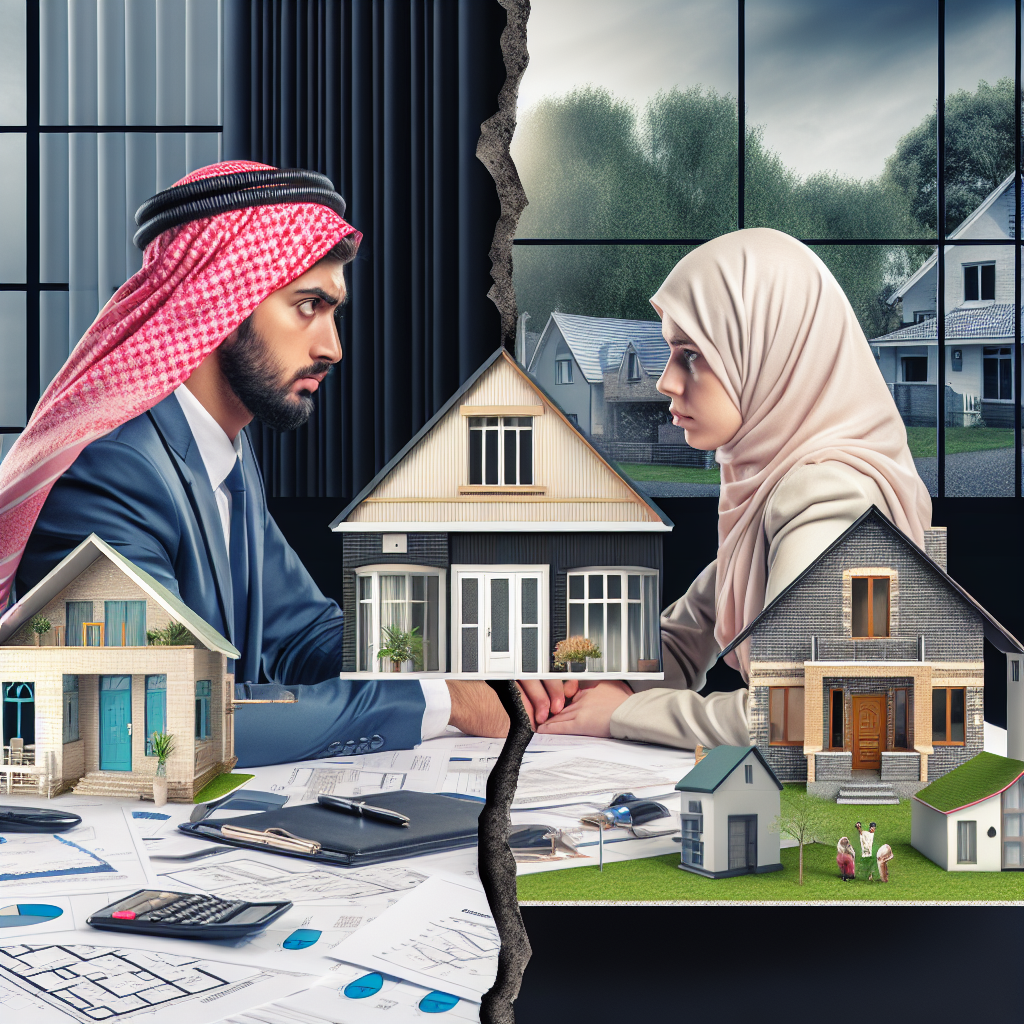 Un agent immobilier d'origine moyen-orientale et une cliente caucasienne se tiennent de part et d'autre d'une table, en pleine négociation. Sur la table se trouvent des plans de maison et des contrats. En arrière-plan, différents modèles architecturaux représentent divers types de propriétés disponibles. Au centre de l'image, deux moitiés de maisons, l'une de conception traditionnelle et l'autre moderne, sont fusionnées pour symboliser le compromis entre différentes préférences ou besoins.