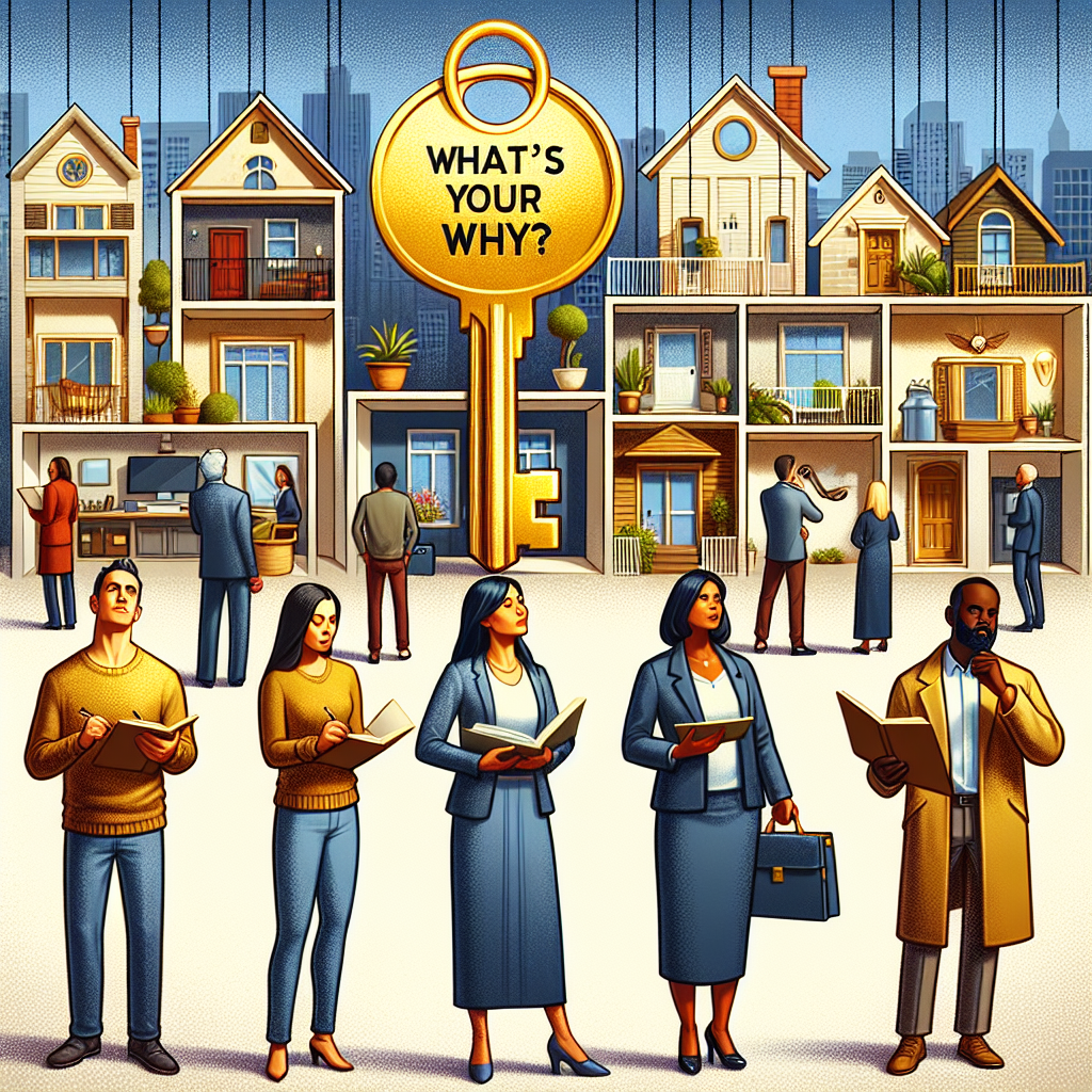 Groupe diversifié de personnes devant différentes propriétés résidentielles, chacun contemplatif et tenant une clé dorée oversized, symbolisant leur intérêt unique et investissement potentiel dans l'immobilier approprié à leurs aspirations.