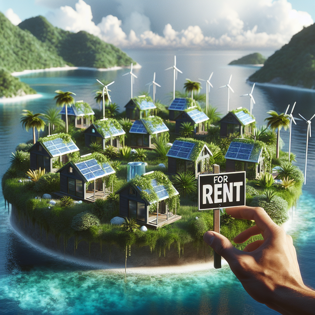Alt text: Paysage futuriste d'une île des Caraïbes en 2030, mettant en vedette des maisons modernes et écologiques, dotées de panneaux solaires sur leurs toits. Ces maisons représentatives du marché locatif, sont entourées d'un jardin tropical abondant. Un panneau intrigant avec l'inscription 'À Louer' se distingue au milieu du jardin, symbolisant la transformation des locaux en locataires sur leur propre terre.