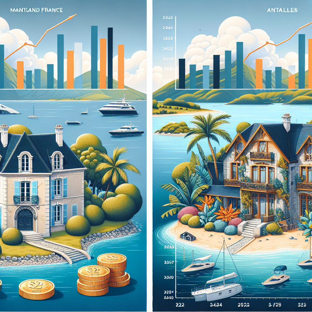 Image divisée en deux scénarios pour l'investissement en 2023 : d'un côté, la France continentale avec un château de campagne ou un paysage urbain parisien mélangeant architectures moderne et classique, incluant un panneau d'agent immobilier. De l'autre, les Antilles avec une architecture caribéenne, des plages tropicales et des maisons insulaires uniques, complété par des graphiques d'investissement et des pièces de monnaie.