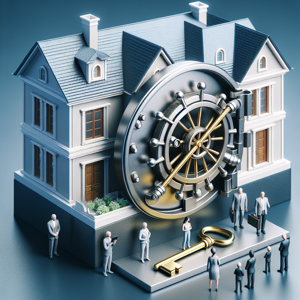 Une grande maison de luxe avec une porte de coffre-fort sécurisée intégrée dans sa façade, symbolisant un investissement immobilier sûr. Diverses mains tenant ensemble une clé en or devant la maison, représentant l'accessibilité et l'opportunité pour tous dans le domaine de la propriété.