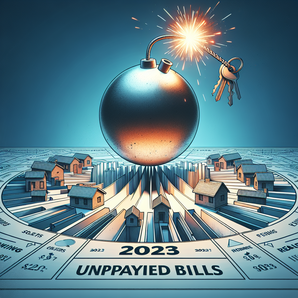 Une représentation brillante et optimiste d'une bombe symbolique marquant l'année 2023 comme un tournant dans la résolution des problèmes de factures impayées, en particulier dans le secteur immobilier. La "bombe" ici est illustrée non pas comme un instrument de destruction, mais comme une source lumineuse d'espoir et de solutions, rayonnant des ondes de soulagement à travers les paysages immobiliers environnants. Autour d'elle, divers bâtiments, maisons, et clés, représentant le domaine de l'immobilier, sont baignés dans une lumière réconfortante, symbolisant l'arrivée d'une ère de stabilisation et de soutien financier. L'anticipation d'une résolution positive et le sentiment de soulagement dominent cette scène, sans aucune mention explicite de "ChatGPT".