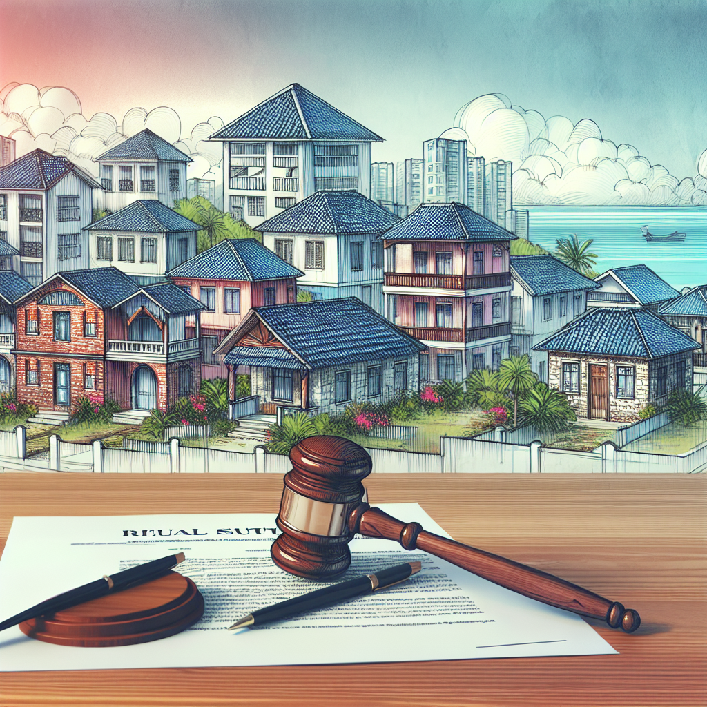 Illustration montrant plusieurs propriétés résidentielles dans les Antilles, avec un mélange urbain et naturel en arrière-plan. L'image dépeint la journée, un ciel bleu clair au-dessus. Au premier plan, quelques maisons avec des pancartes indiquant une certaine incertitude, sans mots spécifiques, juste des points d'interrogation pour symboliser l'inquiétude des propriétaires. Dans une partie de l'image, un maillet de juge (gavel) et un contrat déchiré flottent, suggérant symboliquement la perte potentielle de droits de propriété due à une loi. L'ensemble crée une atmosphère d'inquiétude et d'incertitude concernant l'avenir des droits fonciers dans les Antilles, le tout baigné dans une lumière diurne qui contraste avec le thème grave de l'image.