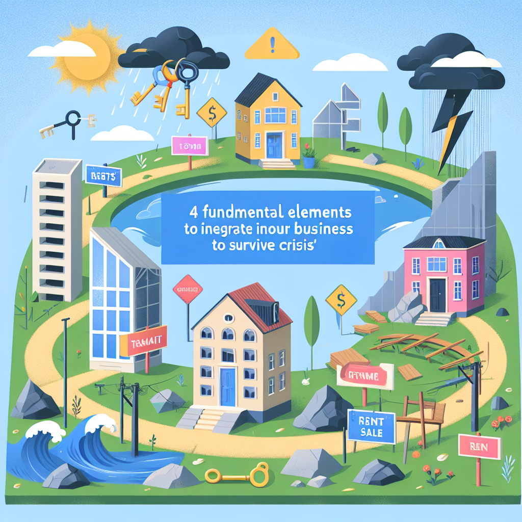 Une image dynamique et colorée, en plein jour, illustre les quatre éléments fondamentaux à intégrer dans son entreprise immobilière pour survivre aux crises. Au centre, des immeubles modernes et des maisons symbolisent le secteur de l'immobilier. Autour, des clés, des plans de construction, et des panneaux "À louer" ou "À vendre" reflètent l'activité et la préparation nécessaires. En périphérie, des éléments imprévisibles comme une tempête, des vagues ou un chemin rocailleux représentent la crise. L'ensemble transmet une sensation de résilience et d'adaptabilité face aux défis.