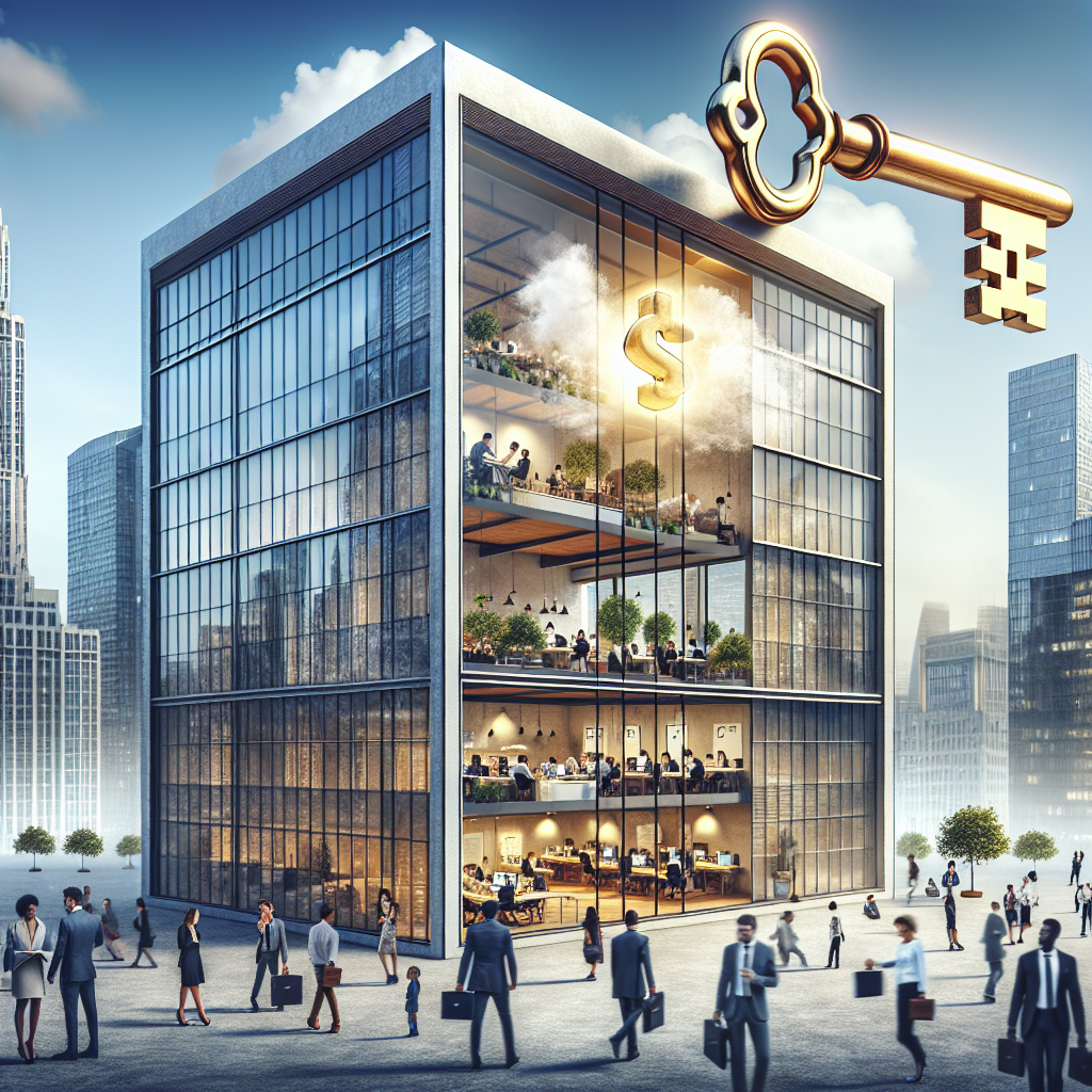 Alt-text: Un grand bâtiment moderne, potentiellement un investissement lucratif en immobilier, avec un côté transparent révélant un centre d'affaires prospère à l'intérieur. Des hommes et des femmes de diverses origines - noires, hispaniques, blanches et asiatiques - travaillent diligemment. Flottant au-dessus du bâtiment, une grande clé dorée brillante symbolise le secret pour booster les finances, ciblant les entrepreneurs.