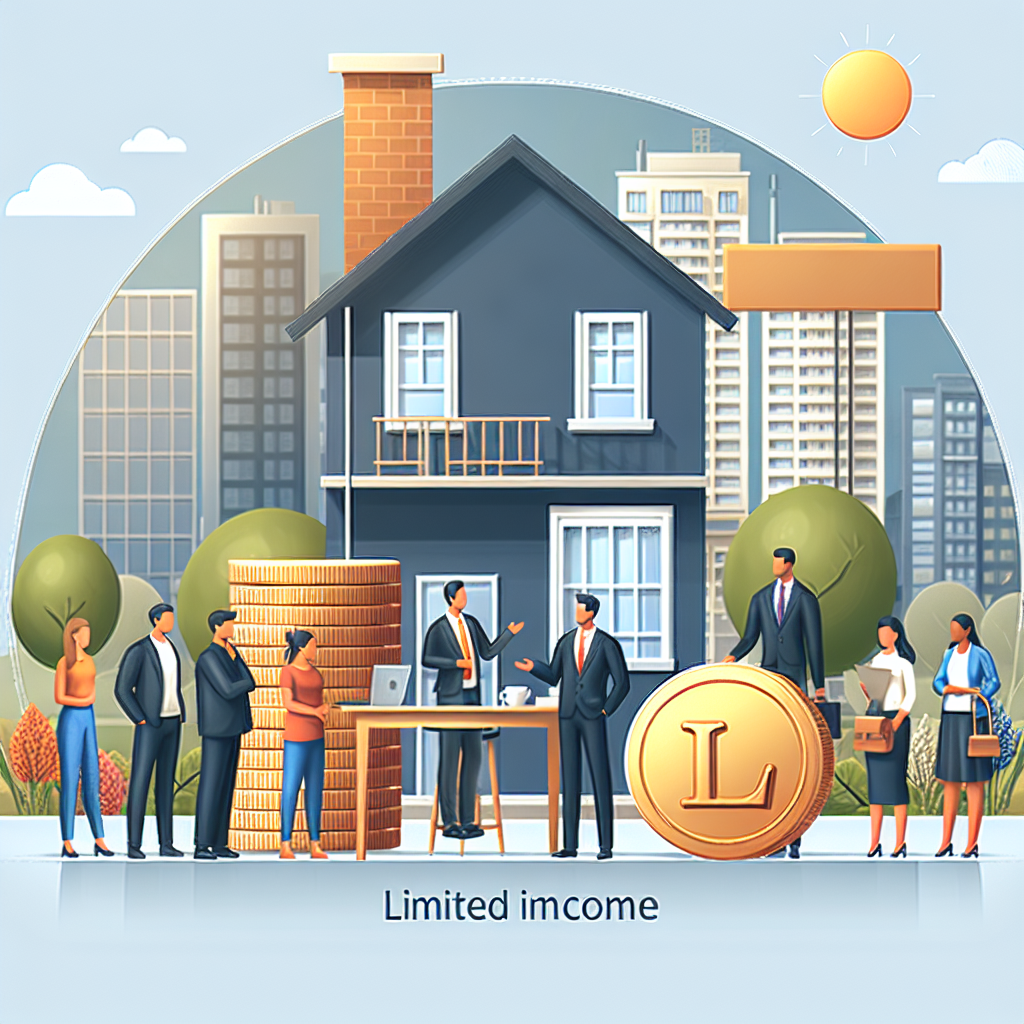 Image d'un groupe de personnes diverses discutant avec un agent immobilier à propos de propriétés potentielles. Au premier plan, une petite pile de pièces symbolise un budget limité. En arrière-plan, un grand bâtiment représente le marché immobilier. L'atmosphère est positive, soulignant l'opportunité d'accéder à la propriété malgré un revenu modeste.