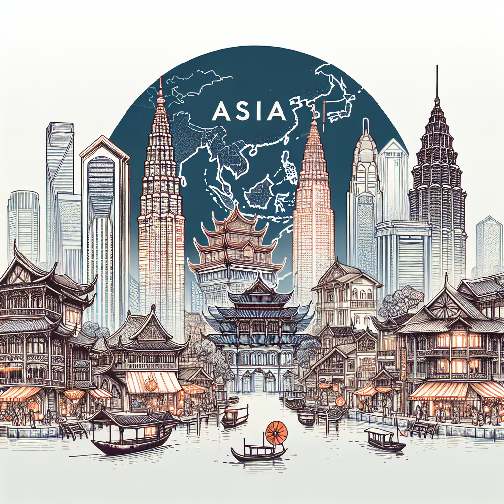 Image présentant un collage d'architectures asiatiques diverses, avec des gratte-ciels modernes et des maisons traditionnelles, entourées de marchés de rue animés. Une carte du continent asiatique est subtilement intégrée en arrière-plan pour situer la scène.