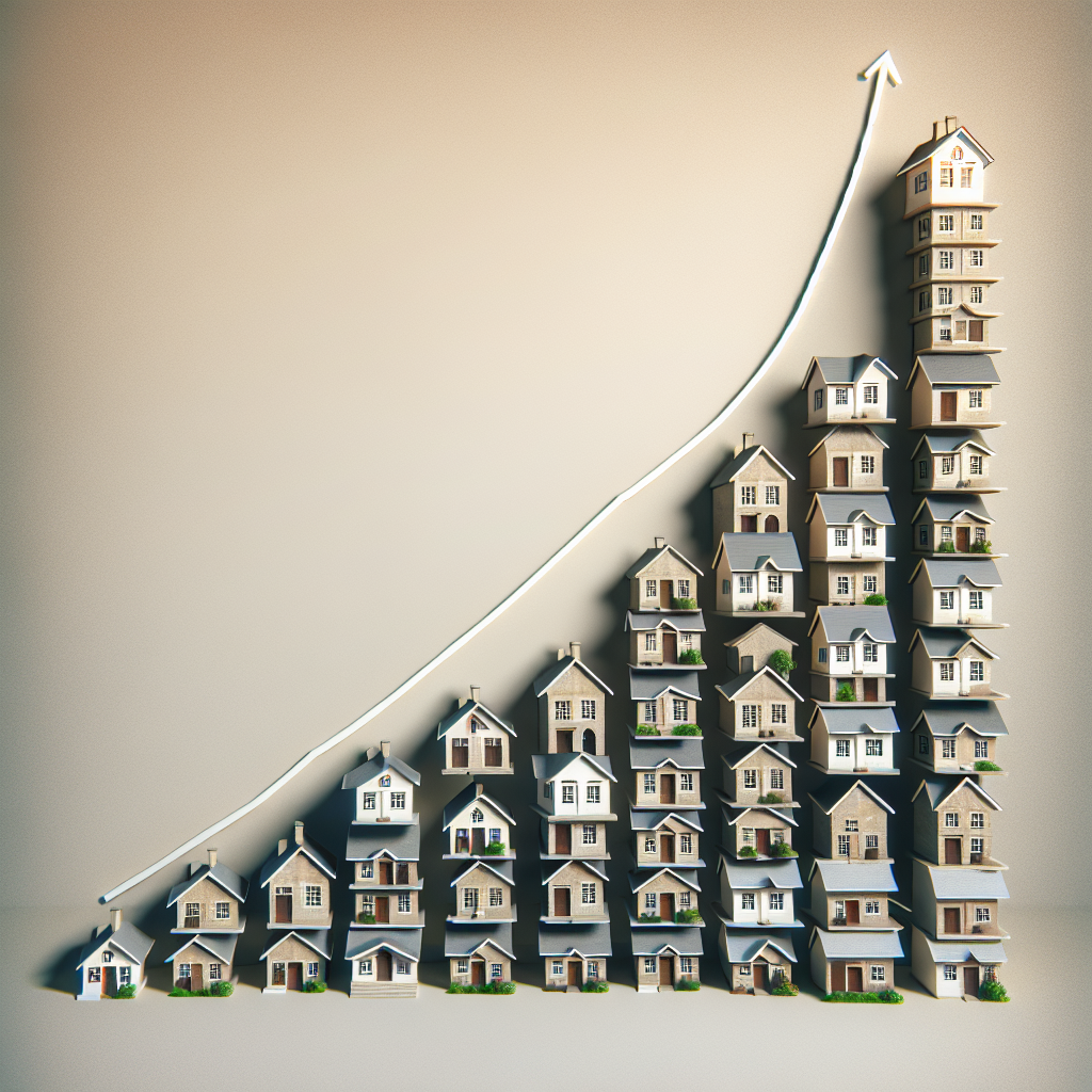 Image d'une série de maisons qui s'agrandissent progressivement, partant de petites maisons simples et évoluant vers de grandes demeures luxueuses, disposées en une courbe ascendante qui symbolise l'effet cumulatif dans l'immobilier. Le tout est présenté sur un fond neutre et doux pour accentuer la progression visuelle des biens immobiliers.