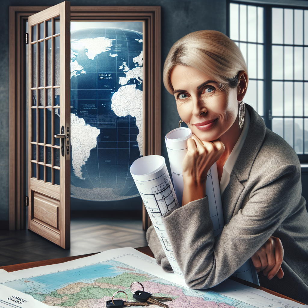 Une femme architecte d'âge moyen, de race blanche, tient des plans d'un bâtiment et s'appuie sur une porte française ouverte, derrière laquelle se trouve une carte du monde mettant en évidence les pays anglophones. Elle regarde à travers cette porte avec confiance, symbolisant les opportunités offertes par la connaissance de l'anglais. Au premier plan, un jeu de clés sur une table, suggérant subtilement le thème de l'immobilier et comment la maîtrise de l'anglais peut ouvrir des portes dans ce domaine.