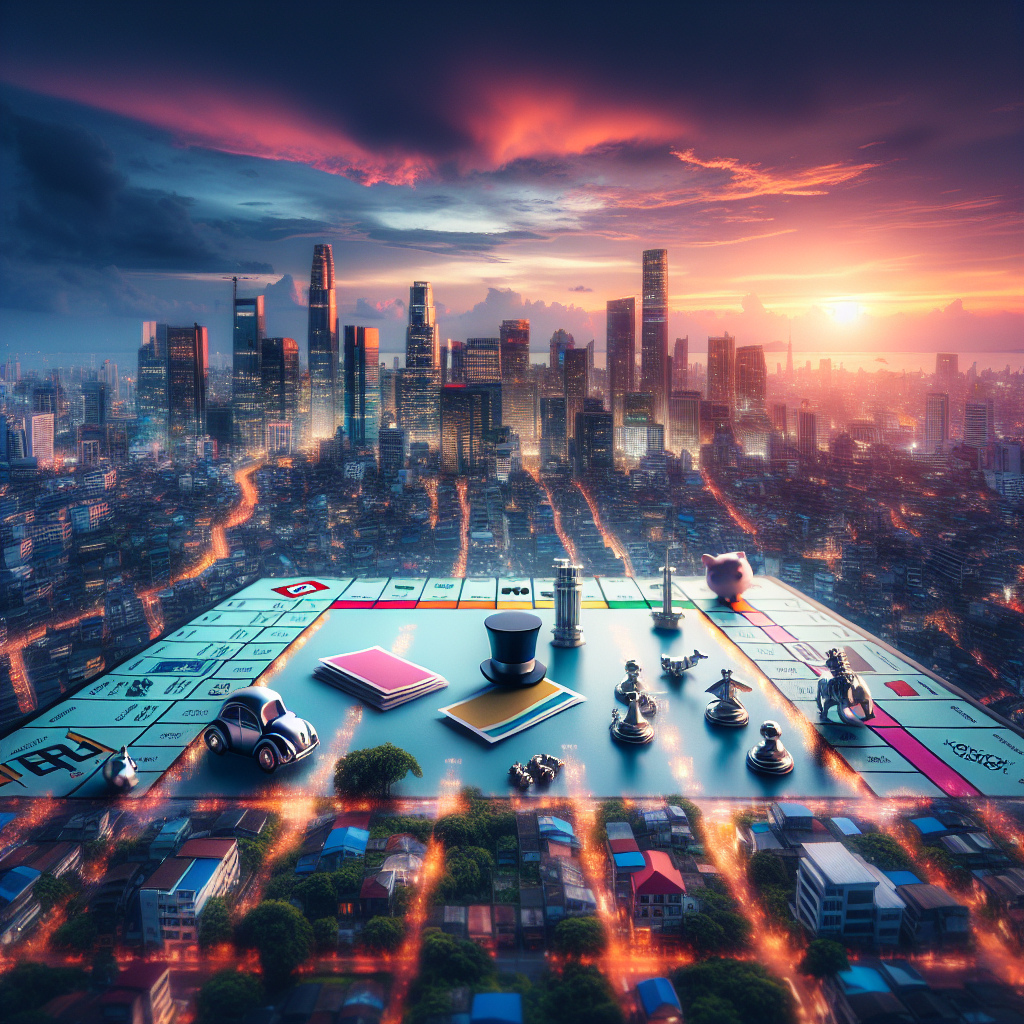 "Vue aérienne d'une ville animée au crépuscule avec des gratte-ciels et des bâtiments, surmontée d'un plateau de Monopoly transparent. Des pièces du jeu, comme la voiture en métal et le chapeau haut-de-forme, sont visibles, ainsi que la case 'DEPART'. La lumière du coucher du soleil souligne magnifiquement les contours de la ville."