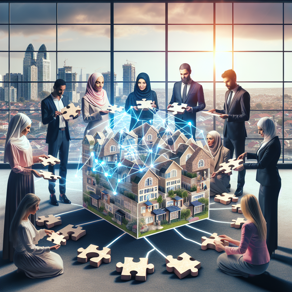Une image illustrant l'importance du réseau dans l'immobilier, montrant un groupe diversifié de personnes, allant d'une femme du Moyen-Orient à un homme caucasien, tenant tous des parties d'un grand puzzle qui forme une panoplie de maisons et d'immeubles. Les pièces du puzzle, en s'emboîtant, symbolisent la connexion des réseaux. Une représentation subtile de diagramme nodal de réseau se superpose à l'image, accentuant davantage le concept de réseautage. Le décor est celui d'une agence immobilière, avec des annonces immobilières et un paysage urbain visibles à travers la fenêtre. L'atmosphère est professionnelle mais chaleureuse, incarnant l'esprit de collaboration.