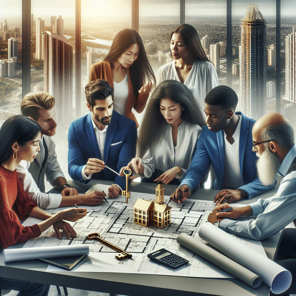 Un groupe diversifié de personnes, comprenant une femme caucasienne, un homme hispanique, une femme noire et un homme du Moyen-Orient, discutant activement autour d'une table couverte de plans, de graphiques et de tableaux de bâtiments. Ils sont tous très impliqués dans leur conversation, pointant du doigt les documents. À l'arrière-plan, un paysage urbain avec des gratte-ciel et d'autres bâtiments résidentiels. Sur la table repose une clé dorée, symbolisant les opportunités d'investissement dans l'immobilier.