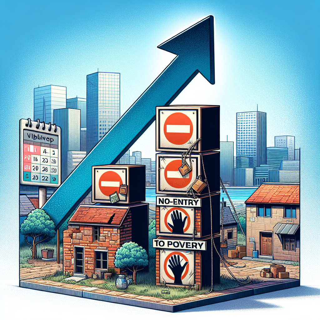 Illustration pour un article de blog montrant trois panneaux carrés avec des symboles d'interdiction, entourés d'une flèche ascendante symbolisant la croissance, sur fond d'une ligne d'horizon de ville représentant le thème de l'immobilier. Un calendrier indiquant l'année 2023 est également visible, soulignant le contexte temporel de l'article, sans mention directe du contenu.