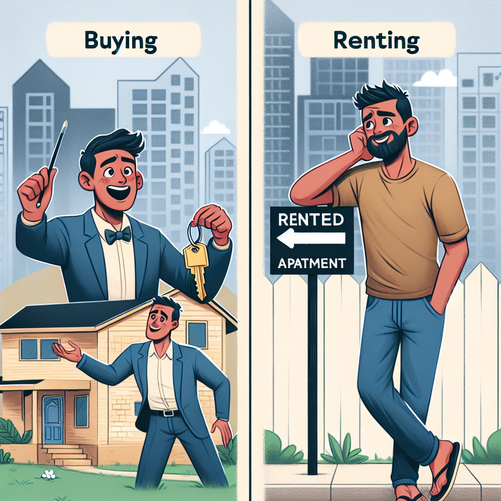 Une illustration divisée en deux scènes contrastées liées au marché immobilier de 2023. D'un côté, une personne d'origine sud-asiatique, rayonnante, tient dans ses mains les clés d'une maison, symbolisant la joie et l'excitation d'acheter sa propre résidence. De l'autre, un homme hispanique apparaît détendu, adossé à un panneau signalant la location d'appartements, incarnant la tranquillité et la satisfaction de la vie locative. L'image illustre le contraste et le choix entre acheter et louer sans privilégier explicitement l'une ou l'autre option.
