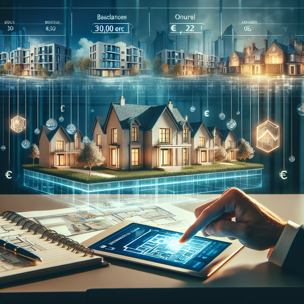 Alt text: "Vue futuriste d'une scène de banque numérique en 2023, montrant un écran affichant un compte bancaire avec un solde dépassant les 30 000 euros. En arrière-plan, une harmonie de propriétés immobilières prospères, mélangeant architecture résidentielle moderne et bâtiments commerciaux élégants, définit l'atmosphère. Au premier plan, une tablette expose des plans de maisons et des annonces immobilières, soulignant subtilement le lien entre la gestion financière prospère et le marché immobilier."