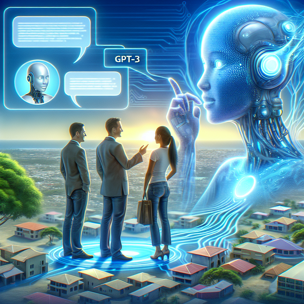 Image futuriste dans les îles des Caraïbes (Antilles) montrant une présence d'intelligence artificielle (IA), représentée par des formes uniques non humaines, en communication avec trois individus de diverses ethnies: un homme caucasien à gauche, une femme d'Asie du Sud au centre, et un homme noir à droite, engagés dans un échange immobilier. Un seul bulle de dialogue avec 'GPT-3' inscrit au-dessus de la présence de l'IA souligne le titre de l'article.