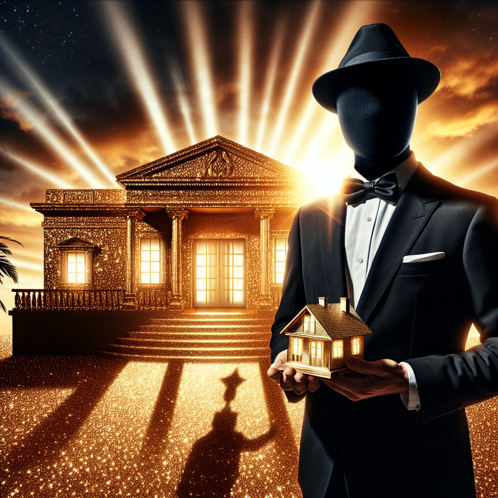 Représentation abstraite de la "Règle d'Or" dans l'immobilier, montrant un acteur noir anonyme et prospère devant un manoir doré étincelant, évoquant l'âge d'or d'Hollywood. Bien que son visage ne soit pas reconnaissable, son charme et son charisme rappellent ceux des grandes figures du cinéma. Dans une main, il tient un petit modèle de maison, symbolisant sa maîtrise de l'investissement immobilier. L'arrière-plan présente un coucher de soleil magnifique, créant des ombres dramatiques et ajoutant un sens de profondeur à la scène.