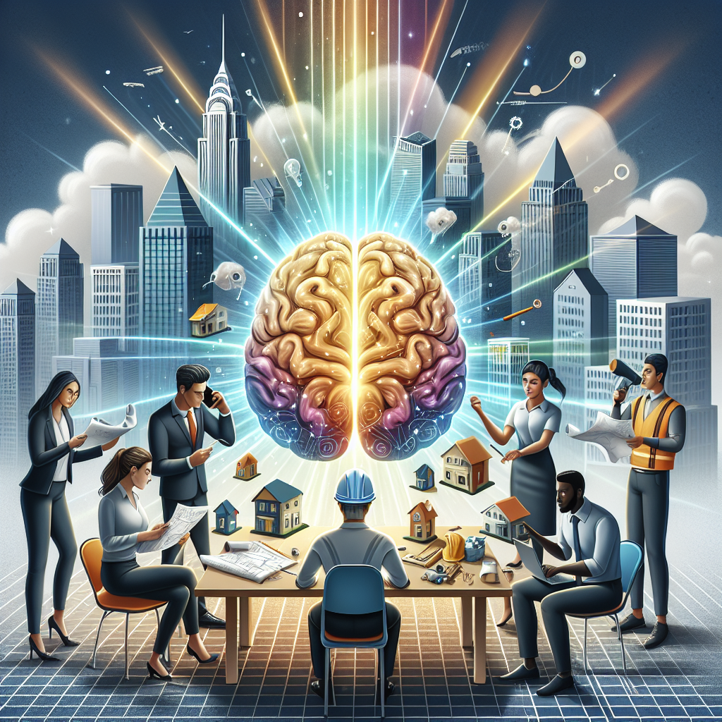 Groupe diversifié de professionnels de l'immobilier collaborant autour d'une table avec un cerveau surdimensionné lumineux au centre, symbolisant la puissance collective de leur intelligence dans le domaine de l'immobilier, avec des gratte-ciels en arrière-plan.