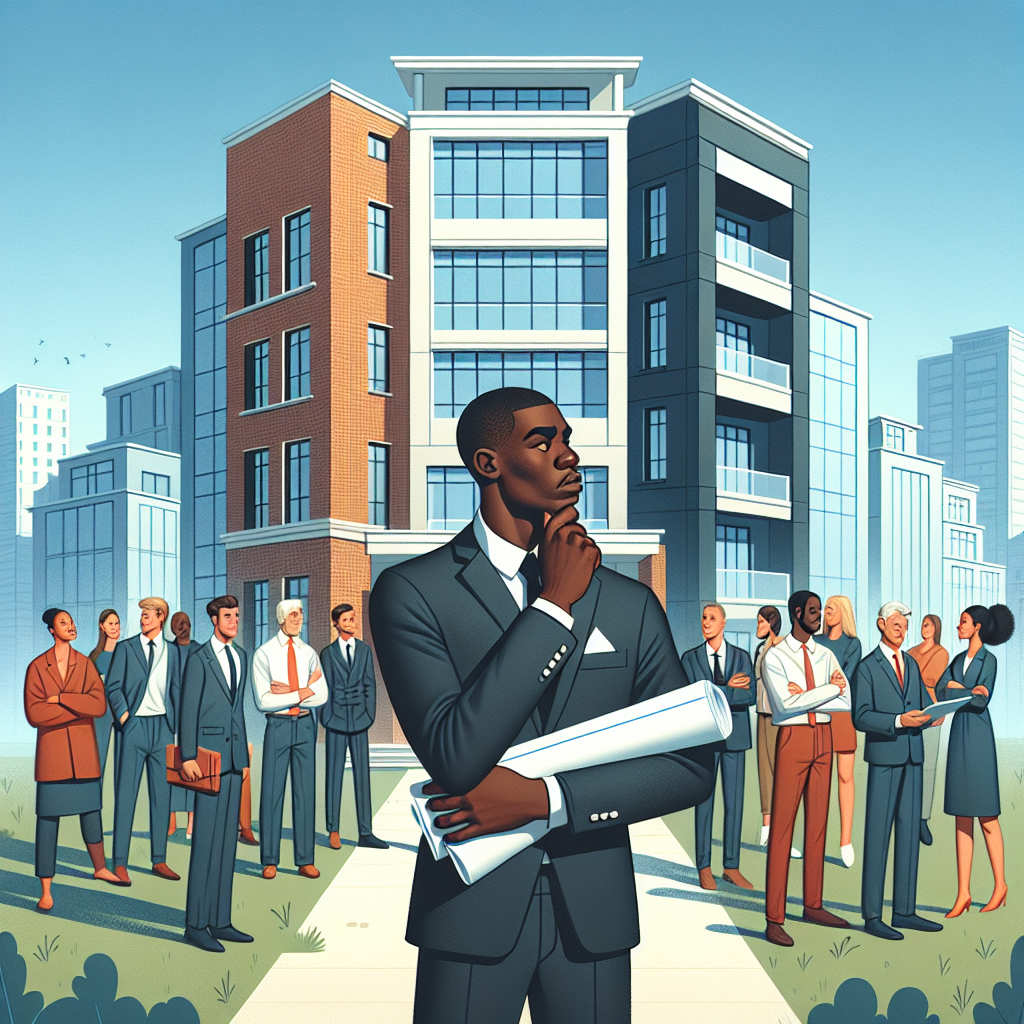 Un homme noir se tient devant un grand bâtiment moderne, tenant des plans dans ses mains et touchant pensivement son menton. Derrière lui, un groupe diversifié de personnes discute avec animation, illustrant un débat ou une controverse.
