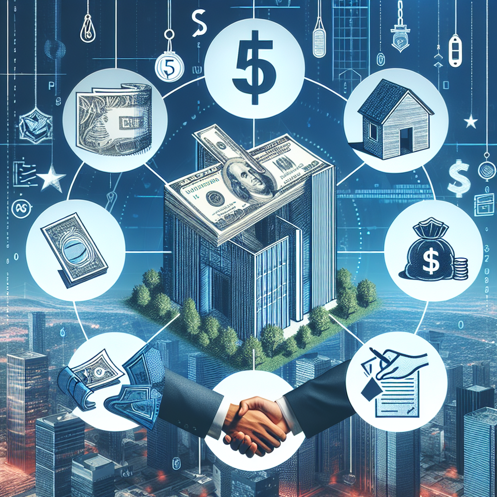 Illustration mettant en avant une tour impressionnante symbolisant l'immobilier de grande valeur. Autour de cette tour, cinq icônes distinctes flottent : un billet de dollar, une maison, des plans de construction, le symbole d'une banque, et deux mains en train de se serrer, chacune représentant un concept clé de la création de richesse dans le secteur immobilier. Dans un coin discrètement intégré, une note de musique rend hommage à l’influence d’un musicien non nommé.