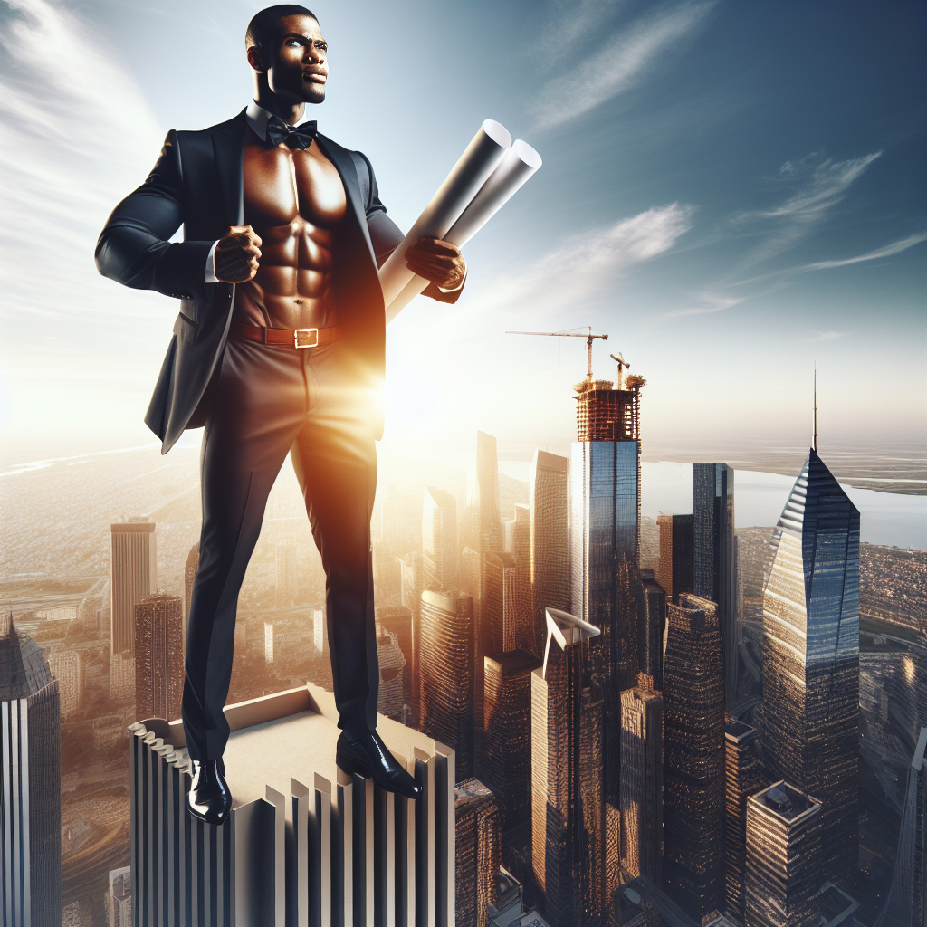 Un homme noir athlétique et élégant, vêtu d'un costume sur mesure, se tient triomphalement au sommet d'un gratte-ciel. Il tient des plans de construction, symbolisant une planification stratégique. L'horizon derrière lui est illuminé par des tours scintillantes sous les premiers rayons du soleil, évoquant un nouveau début et le secret de son succès dans l'immobilier.