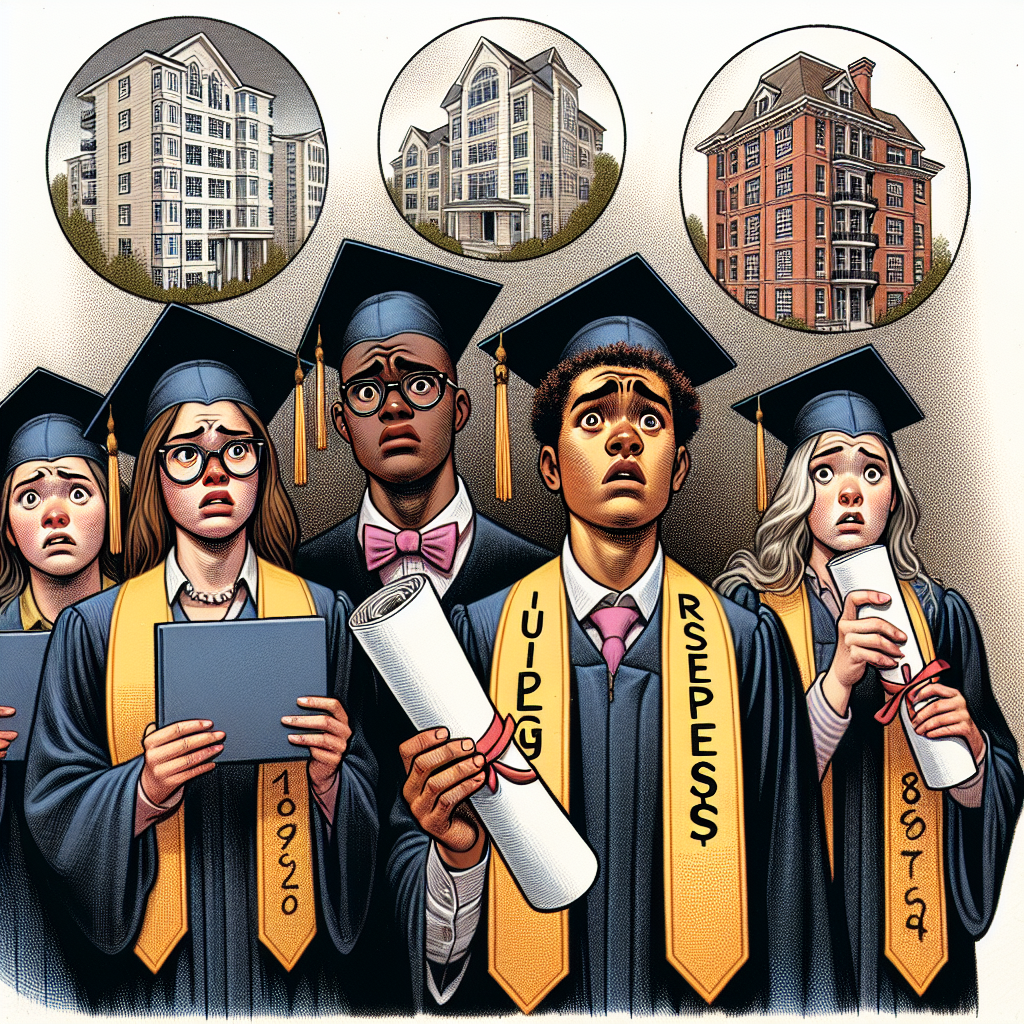 Illustration montrant des étudiants d'origine caribéenne en tenue de remise des diplômes, regardant avec inquiétude leurs diplômes, à côté d'une image secondaire montrant un marché immobilier difficile avec des annonces immobilières à prix élevé. Un étudiant, choqué, tient une facture de loyer coûteuse près des annonces, soulignant les défis du marché.