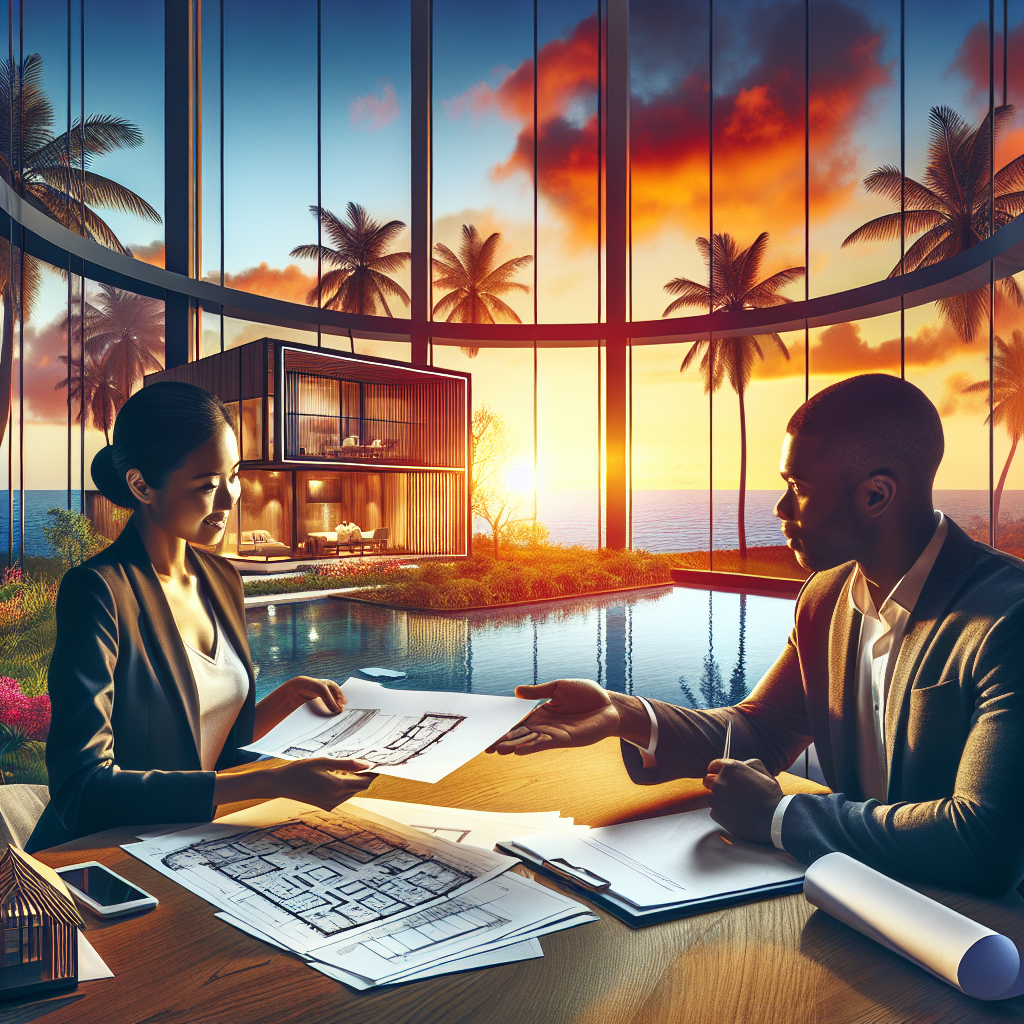 Une rencontre professionnelle dans un bureau moderne, avec la développeuse immobilière sud-asiatique montrant des plans et l'investisseur afro-américain consultant des documents. À travers une large fenêtre, vue sur un paysage caribéen avec des silhouettes de palmiers et un coucher de soleil vivant, à l'arrière-plan, un modèle de propriété luxueuse.