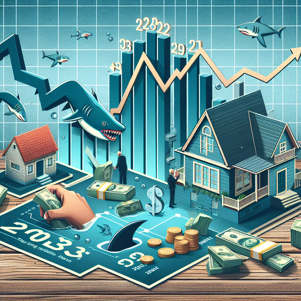 Image montrant plusieurs maisons s'effondrant en dominos sous un ciel orageux, avec à l'arrière-plan un grand graphique descendant symbolisant le crash immobilier de 2023. À droite, une personne aux traits anxieux donne des billets de banque à une figure menaçante aux allures de requin, illustrant une erreur courante en situation de crise immobilière. Le tout sans aucun texte descriptif, évoquant visuellement l'impact négatif et les dangers des décisions précipitées pendant un effondrement du marché du logement.