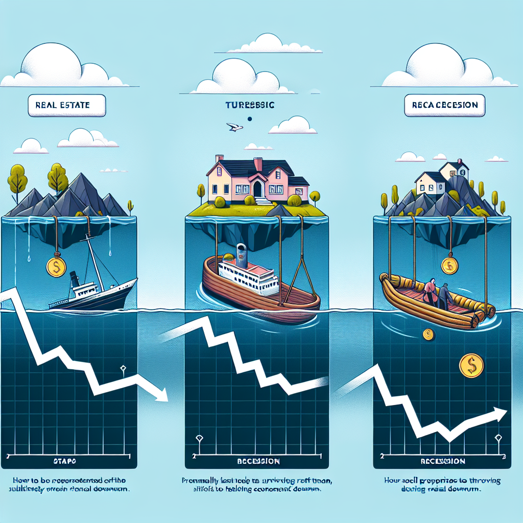 Infographie illustrative pour un blog sur le thème de l'immobilier et de la stabilité financière en temps de récession, montrant un plan d'action en trois étapes. L'image représente métaphoriquement un navire en train de couler qui devient un radeau survivant, puis se transforme en une île prospère, soulignant l'importance de l'immobilier pendant la récession. Chaque étape est liée à des symboles immobiliers, avec des lignes de graphique descendant discrètement intégrées pour évoquer la récession.