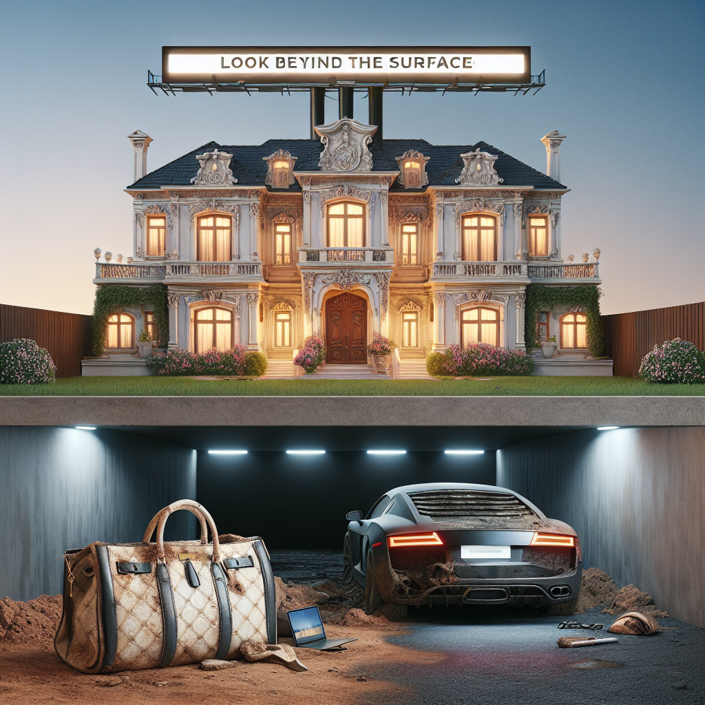 Image d'une grande demeure imposante vue de l'extérieur, avec une architecture élaborée et des jardins bien entretenus. À l'avant, une voiture de luxe et un sac de designer usés et abandonnés suggèrent une négligence. À travers les fenêtres ouvertes, l'intérieur délabré de la maison est partiellement visible, révélant des murs écaillés et un mobilier endommagé. Un panneau d'affichage numérique à côté de la maison affiche le texte "Regardez au-delà des apparences", encourageant ainsi à ne pas se fier uniquement à la façade extérieure. L'ensemble dégage un contraste marquant entre le faste apparent et la réalité dégradée.