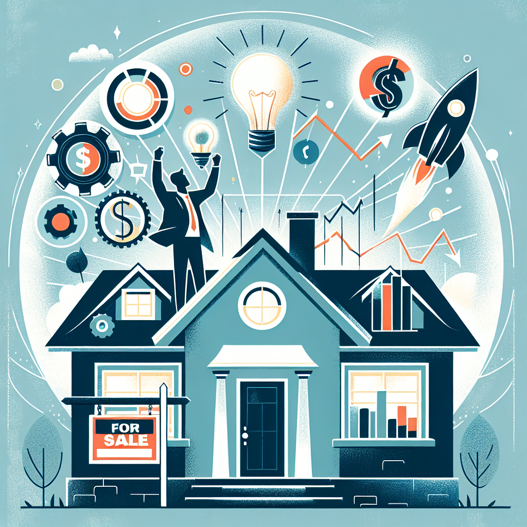 Illustration charmante d'une maison attrayante mise en vente, complétée d'un panneau 'À Vendre' sur la pelouse devant. À travers les fenêtres, une silhouette vigoureuse évoque motivation et esprit d'entreprise. Au-dessus, un ciel parsemé de cinq éléments abstraits : une ampoule pour l'innovation, un graphique en barres signifiant croissance, un engrenage pour le travail acharné, un symbole monétaire représentant le succès financier et un fusée symbolisant l'ascension vers le succès.