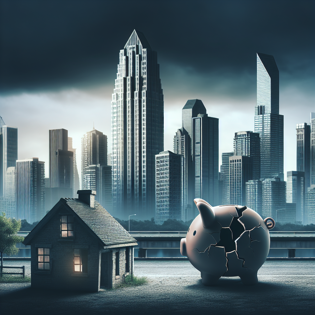 Image d'un paysage urbain moderne avec de hauts gratte-ciel, symbolisant le secteur de l'immobilier. Au premier plan, une tirelire cassée évoque une mauvaise gestion financière tandis qu'une maison inclinée représente des choix d'investissement médiocres. Le ciel chargé de nuages gris suggère une perspective morose.
