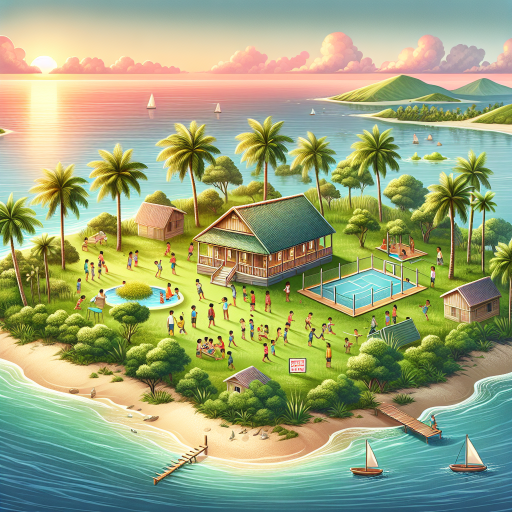 "Illustration détaillée d'une île sereine présentant des plages magnifiques, des palmiers élancés, des eaux bleues cristallines et un superbe coucher de soleil à l'horizon. Au premier plan, un petit bâtiment scolaire en bambou symbolise l'éducation, entouré d'enfants de diverses origines, genres et âges participant à des activités d'apprentissage en plein air. Des éléments immobiliers, comme une maison en construction et un panneau 'À Vendre', sont subtilement intégrés, faisant écho au thème de l'immobilier."