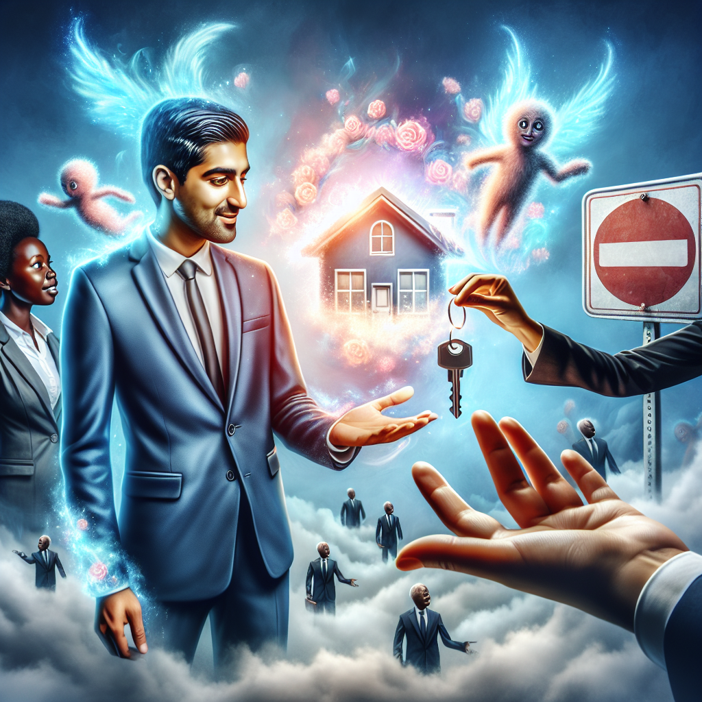 Image d'un agent immobilier sud-asiatique en costume élégant, tendant une clé brillante à une cliente noire, devant un environnement onirique avec des nuages flottants et une maison lumineuse qui scintille, symbolisant le bien immobilier. Un panneau d'interdiction avec de petites figures dessinées de manière caricaturale, barrées d'un trait, illustre le message "Interdit Aux Petits Esprits". Cette scène vivante reflète le thème "Vendeur De Formation = Vendeur De Rêve" sans le mentionner directement.