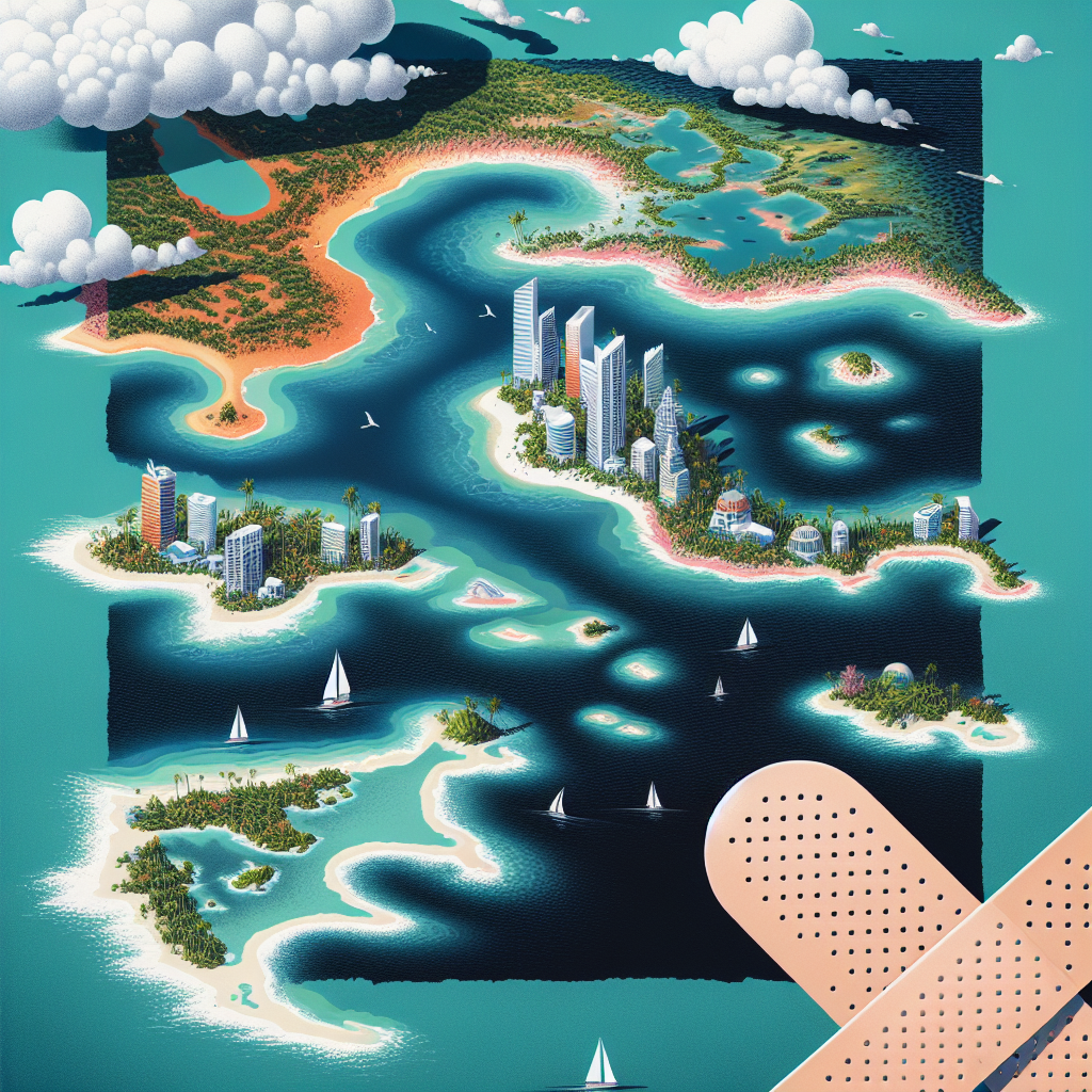 Une illustration symbolique montrant les îles des Caraïbes en train de s'effacer ou de s'éroder graduellement dans la mer, représentant la perte de terre liée à la problématique de la partition immobilière (indivision). Une représentation d'un pansement sur ces terres illustre métaphoriquement 'la blessure' causée par cette transformation nuisible.